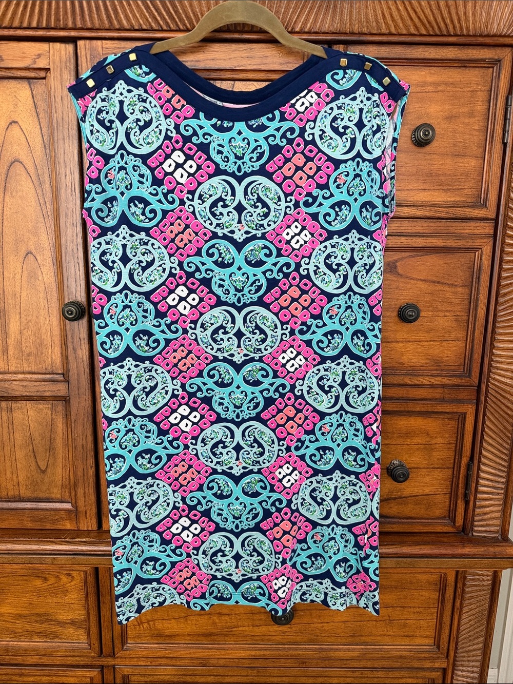 Lilly Pulitzer Navy Dress with Aqua & Pink Scroll Print